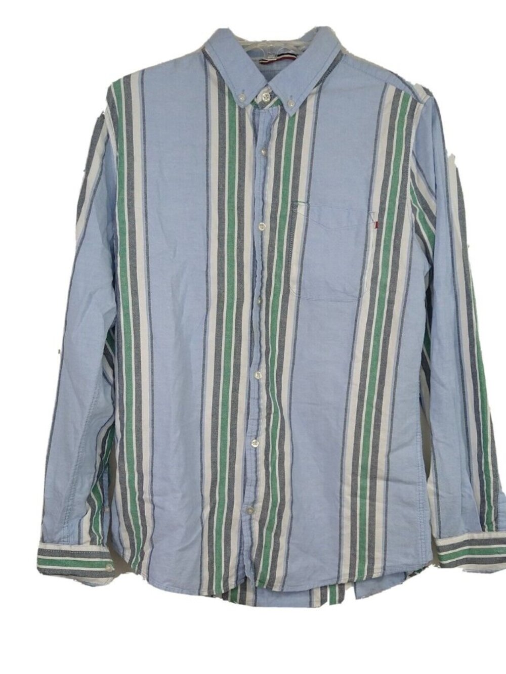 Brunswick Button Down Collared Shirt Men Size M Blue Green Stripe Long Sleeve